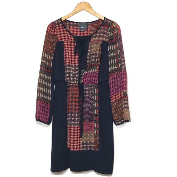 Anthropologie Maeve Peasant Patchwork Print Boho Dress Mini Navy Blue Red Tan XS - Picture 16 of 16